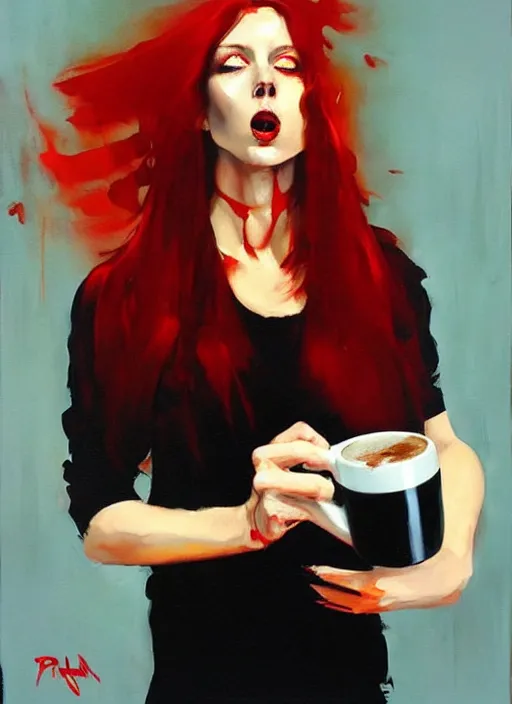 Image similar to red haired woman holding coffee, septum piercing, spilling liquid, enraged, painting by phil hale, 'action lines'!!!, graphic style, visible brushstrokes, motion blur, blurry