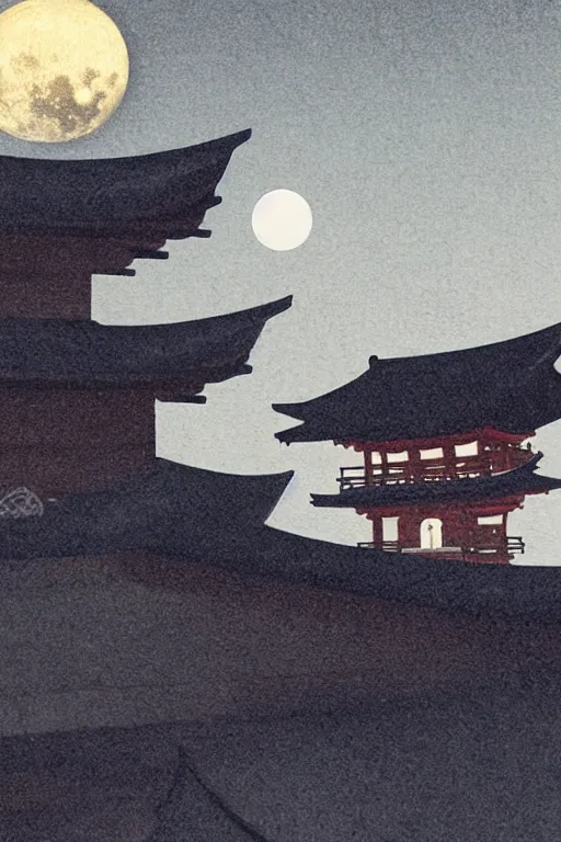 Prompt: a ninja on a roof of a japanese temple with the moon on the background, mixed media, digital art, trending on artstation, 8k, epic composition, highly detailed, AAA graphics