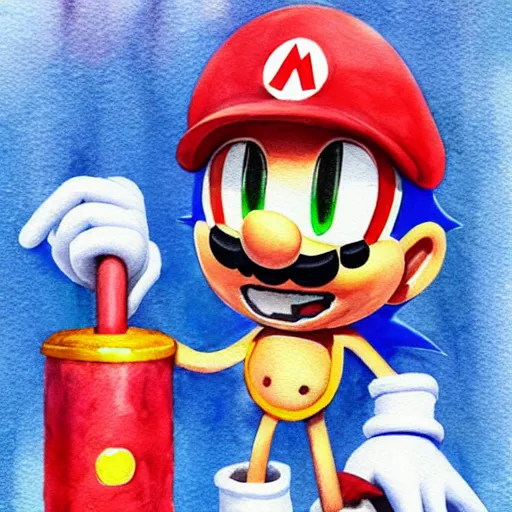 Image similar to Sonic in the style of Mario, with a mustache, beautiful watercolor art drawing, in the style of artist Simon Stalenhag s-90 - C 7