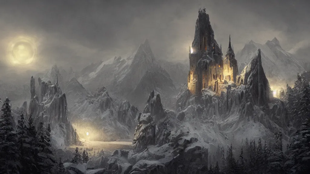 Image similar to huge black castle with tall tower that has a glowing light coming from it, overlooking snowy valley by eugene von guerard, ivan shishkin, dramatic lighting, concept art, trending on artstation, 8 k