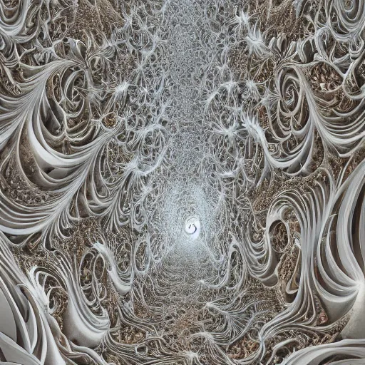 Image similar to a beautiful 3 d painting of a sprawling intricate fractal populated by mandelbrot fractals by android jones, carved, soap carving, white, volumetric lighting, dynamic lighting, dramatic lighting, high contrast, concept art, carved marble, opalescent, sacred geometry, religious, magic realism, catholicpunk, stark, trending on artstation