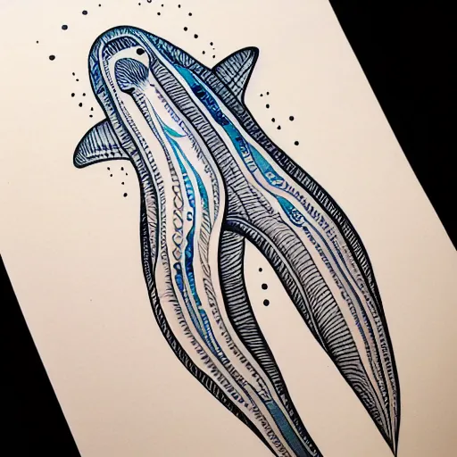 Image similar to white cachalot spermwhale, awardwinning elegant modern tattoo design, peyote colored sketch, white background