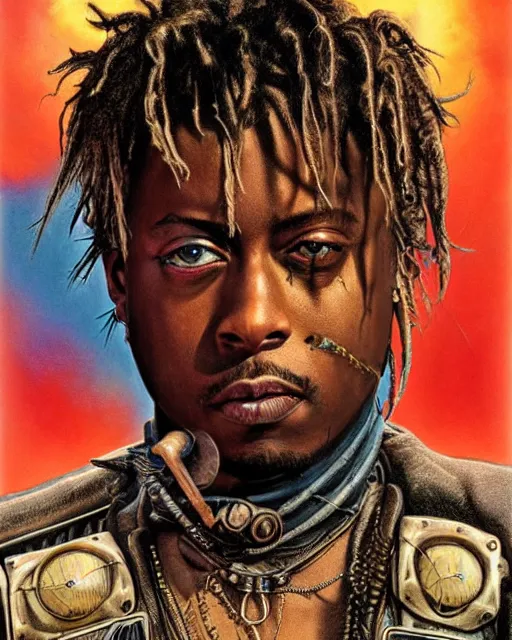 Image similar to juice wrld in dystopian raider mad max post apocalpytic, airbrush, drew struzan illustration art, key art, movie poster