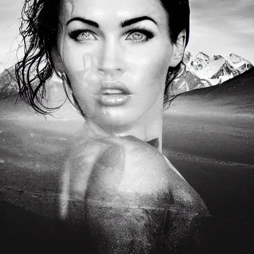 Prompt: double - exposure effect of megan fox face in the shape of beautiful mountains, in the style of dan mountford, amazing detail, black and white