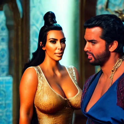 Image similar to kim kardashian in alladin live action, 8k full HD photo, cinematic lighting, anatomically correct, oscar award winning, action filled, correct eye placement,