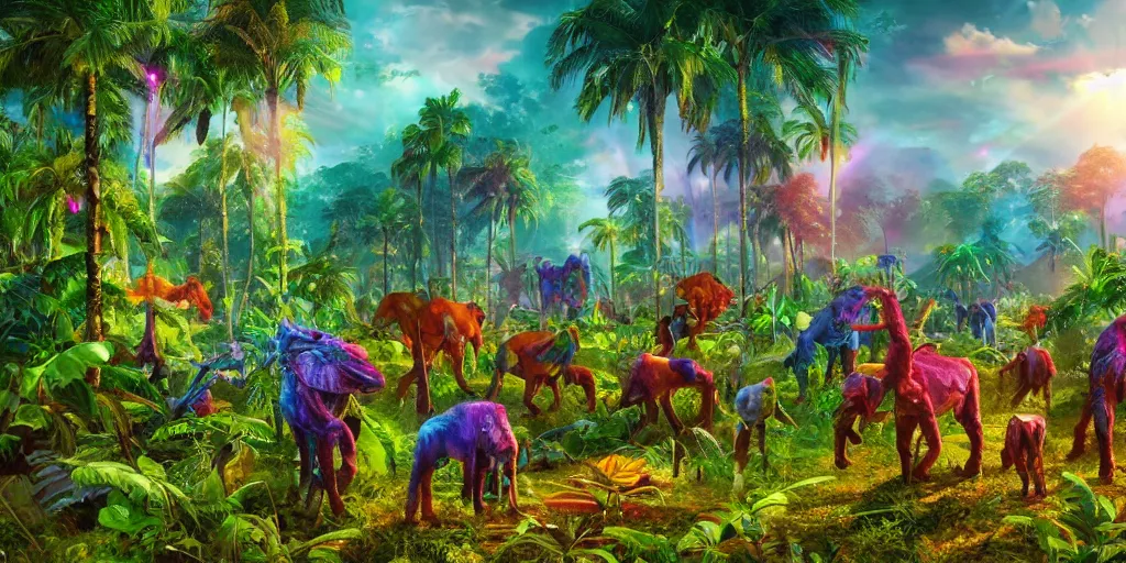 Prompt: a herd of huge multi-coloured animal-robot hybrids walking in lush and rainbow coloured extra terrestrial jungle with strange plants under a bright multi sun sky, hyper detailed, digital art, trending in artstation, cinematic lighting, studio quality, smooth render, unreal engine, masterpiece, 8k