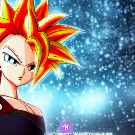 Image similar to portrait focus of Super Saiyan beautiful 3D anime gir!! posing, frozen ice !! dark forest background, snowing, bokeh, inspired by Masami Kurumada, digital painting, high contrast, unreal engine render, volumetric lighting, high détail