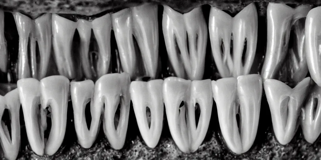 Prompt: A creepy, close-up photo, of a row of teeth.