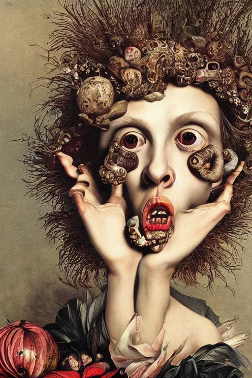 Image similar to Detailed maximalist portrait with large lips and with large wide eyes, surprised expression, surreal extra flesh and bones, HD mixed media, 3D collage, highly detailed and intricate, illustration in the style of Caravaggio, dark art, baroque
