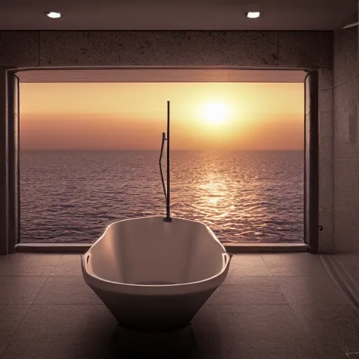 Image similar to a public bathroom stall floating in the middle of the ocean, sunset, beautiful, ultra realistic digital art, 4k, cgsociety, HDR, Intricate