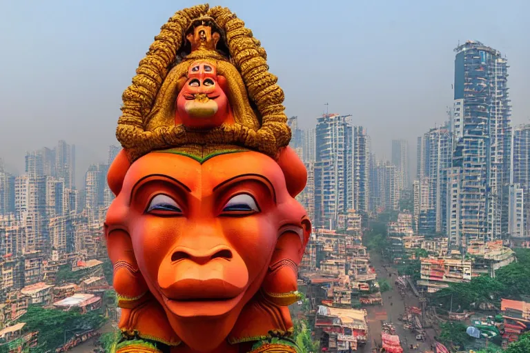 Image similar to high quality 3 d dreamscape biomorphic hanuman head building in the middle of mumbai!!, kalighat highly detailed, cinematic smooth, stephen shore & john j. park, soft morning light, wide shot, high angle, uhd 8 k, deep focus