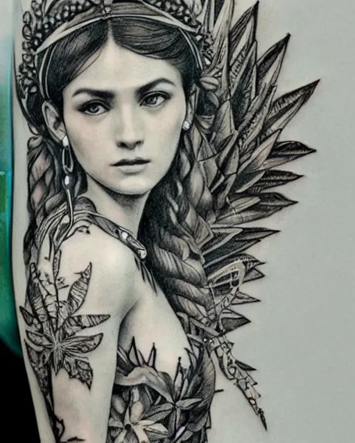 Image similar to realism tattoo sketch of hana soukupova as a beautiful greek goddess aphrodite with piercing eyes wearing a laurel wreath and triangle earrings, in the style of greg rutkowski, amazing detail