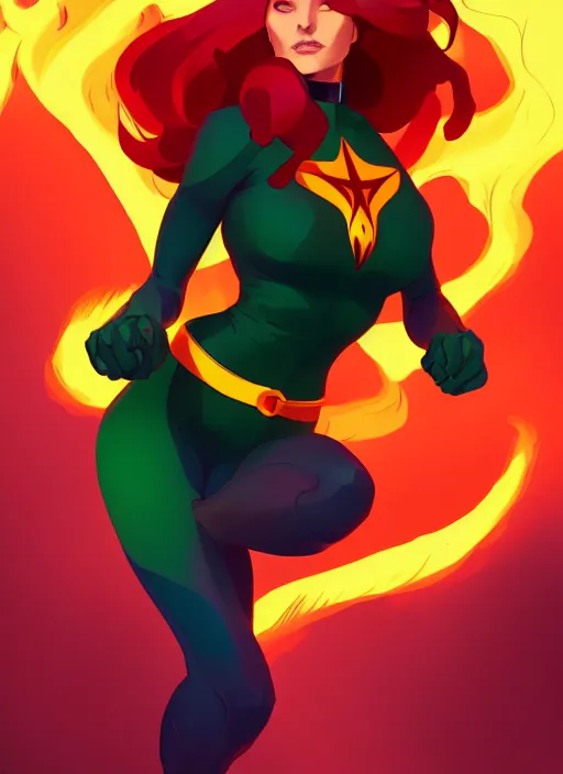 Prompt: jean grey phoenix, green suit, flames, in the style of artgerm and charlie bowater and atey ghailan and mike mignola, vibrant colors and hard shadows and strong rim light, epic lighting, comic cover art, plain background, trending on artstation