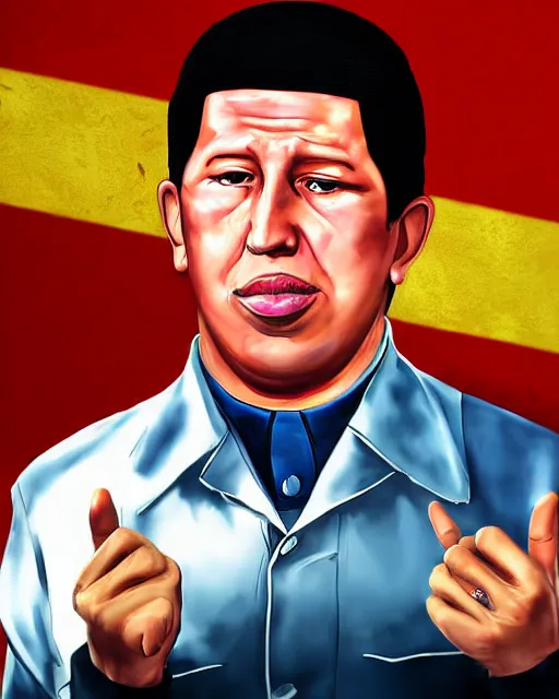 Image similar to Digital presidential anime art of Hugo Chavez by A-1 studios, serious expression, empty warehouse background, highly detailed, spotlight