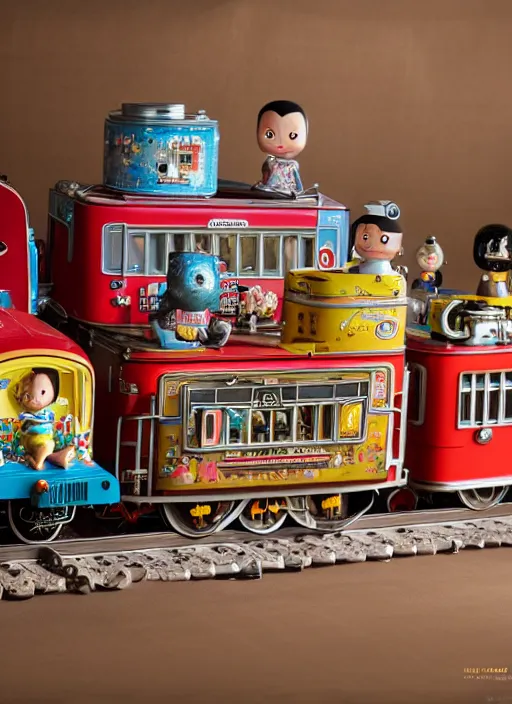 Image similar to highly detailed wide - angle portrait of a cute tin toy retro train set, nicoletta ceccoli, mark ryden, lostfish, earl nore, hyung tae, frank frazetta, global illumination, god rays, detailed and intricate environment