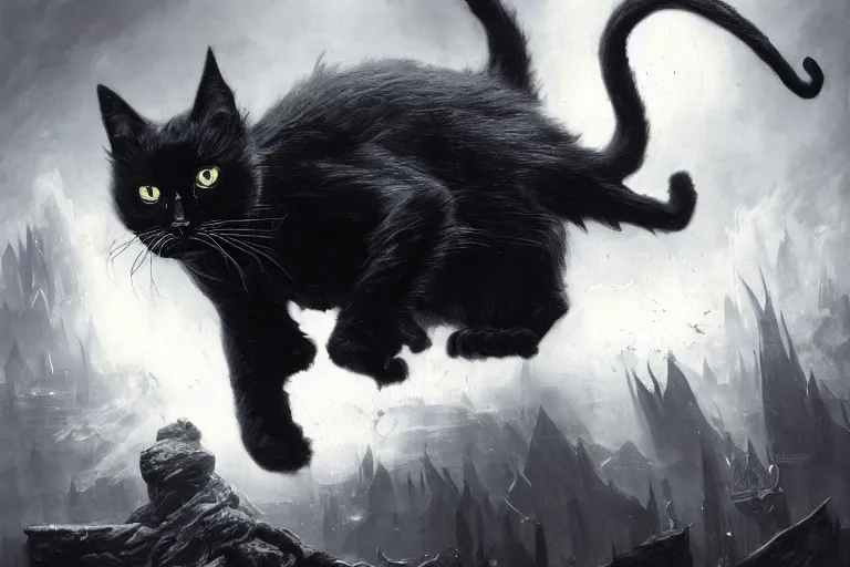 Image similar to artstation concept of a black cat as the dark lord sauron fighting a war against humans, dark mordor background, evil and dark, hyperdetailed, artstation trending, world renowned artists, worth1000.com, historic artworks society, antique renewel, cgsociety, by greg rutkowski, by Gustave Dore, Deviantart