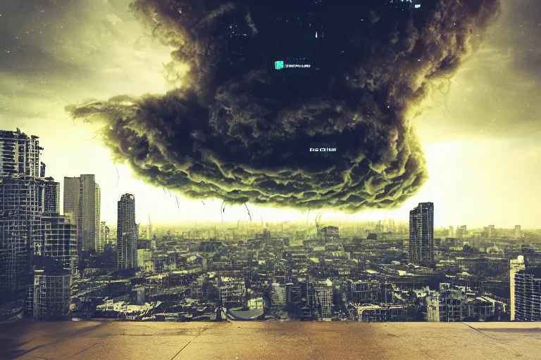 Image similar to monstrous tornado with creeping tendrils looming over a city, flying debris, night, street view, rain puddles, backlit, sprites, high contrast, unsplash, artstation