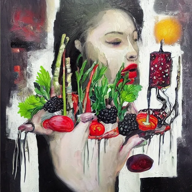 Image similar to “ a portrait in a female art student ’ s apartment, sensuous, vegetables, art supplies, paint tubes, palette knife, pigs, ikebana, herbs, a candle dripping white wax, squashed berries, berry juice drips, acrylic and spray paint and oilstick on canvas, surrealism, neoexpressionism ”