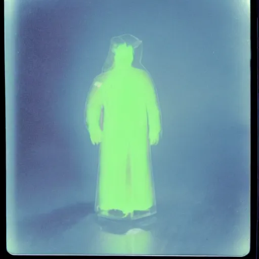 Image similar to coloured atmospheric polaroid 1 9 9 8 photo of a realistic wraith translucent transparent figure in a interior of living room low light