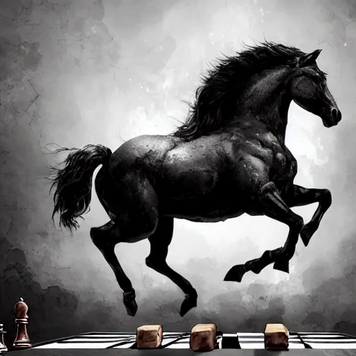 Image similar to a chess piece comes alive, the horse jumps over the wooden chessboard, fantasy art, in the style of greg rutkowski, illustration, epic, fantasy, intricate, hyper detailed, artstation, concept art, smooth, black and white, sharp focus, ray tracing