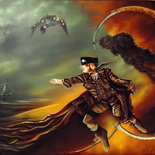 Prompt: A steampunk pirate attacks a spaceship. Oil painting