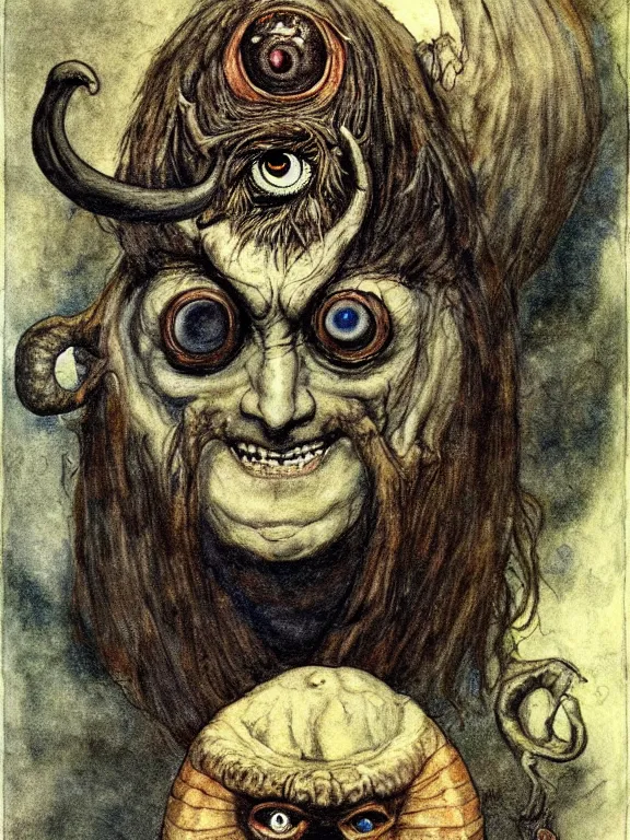 Prompt: one-eyed single-eyed 1-eyed fantasy Polyphemus concept art with one huge eye. Extremely high detail, details, realistic, fantasy art, solo, masterpiece, portrait painting, saturated colors, art by Arthur Rackham, Muzinabu, Johann Tischbein