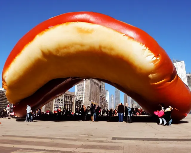 Prompt: the bean in chicago but it's a hotdog