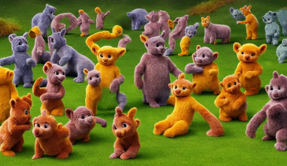 Image similar to natural history dioramas of teletubbies as furry animals