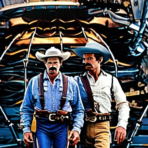 Image similar to wyatt earp and doc holliday, standing on the deck of a spacecraft inspired by the movie interstellar, high detail, high fidelity