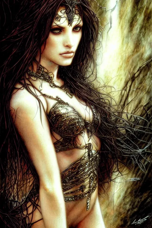 Image similar to a beautiful brunette goddess, fantasy, portrait, sharp focus, intricate, elegant, illustration, ambient lighting, art by Luis Royo