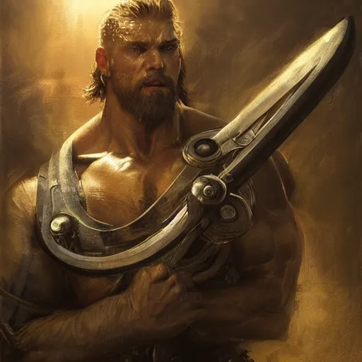 Prompt: handsome portrait of a viking guy bodybuilder posing, radiant light, caustics, war hero, metal gear solid, by gaston bussiere, bayard wu, greg rutkowski, giger, maxim verehin