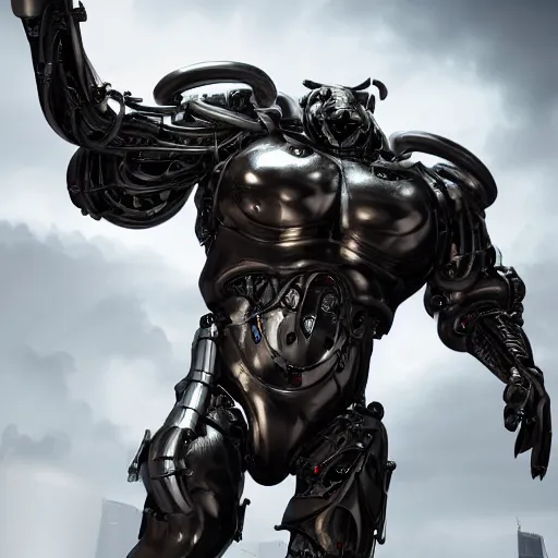 Image similar to a full body shot of a cyborg ( bull ) modeled after a bull looking into the camera, android, cyborg, full body shot, intricate, 3 d, hyper realism, fantasy, depth of field, octane render, symmetrical, highly detailed, digital art, artstation, concept art, cinematic lighting, trending