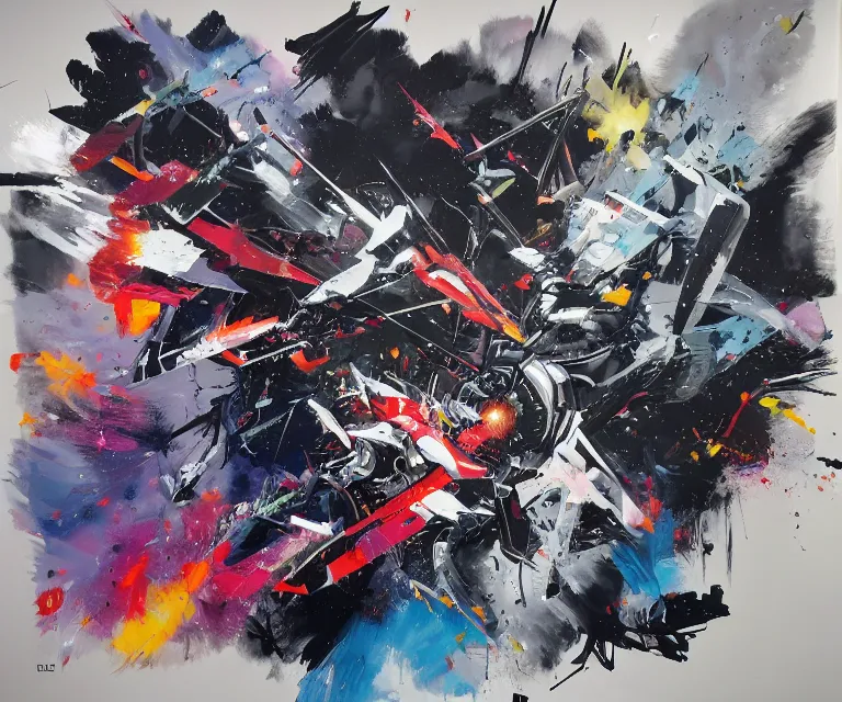 Prompt: acrylic and spraypaint action portrait of origami x - wings battling in space, explosions, graffiti wildstyle, large brush strokes, painting, saturn, paint drips, acrylic, clear shapes, spraypaint, smeared flowers large triangular shapes, painting by ashley wood, totem 2, jeremy mann, masterpiece