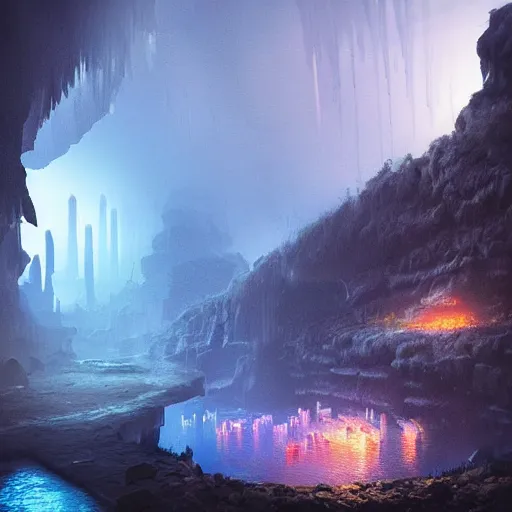 Image similar to “realistic image of city in a giant underground cave, bioluminescence, mushrooms, crystals, roots, Artstation HQ, photorealistic, hiperrealistic, 4k UHD, Unreal Engine 5, cinematic shot, cinematic lightning, dark tones, high contrast, masterpiece”