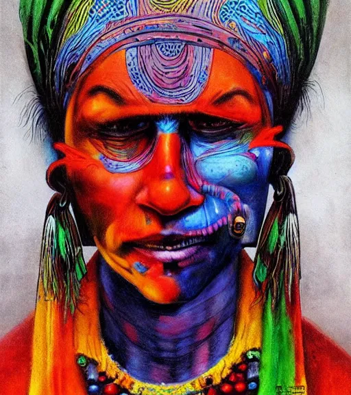 Image similar to Portrait painting in a style of Beksinski mixed with Alex Grey of an old shaman dressed in a colorful traditional clothes. Very psychodelic