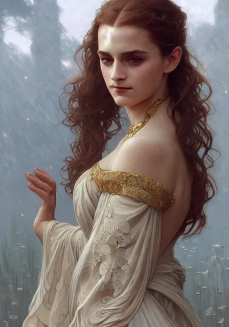 Prompt: sansa emma watson sunny gold, intricate, elegant, highly detailed, digital painting, artstation, concept art, smooth, sharp focus, illustration, art by artgerm and greg rutkowski and alphonse mucha and william - adolphe bouguereau