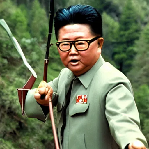 Image similar to filmstill of Kim Jong-il wearing a head bandana and aiming a bow in the role of Rambo, cinemascope, Eastman Color Negative 50T 5251 Neg. Film