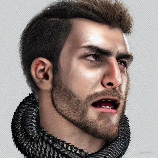 Prompt: realistic head portrait, 30 year old man, Spain :: athletic, angered, short black hair :: chain mail :: high detail, digital art, RPG, concept art, illustration