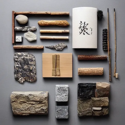 Prompt: “extravagant luxury mountain home architectural materials flatlay, stone, tatami, straw, bamboo, rock, pebbles, pale Japanese natural palette, modern rustic”