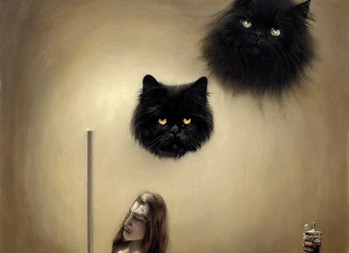 Prompt: ymmetrical portrait of black persian cat staring contemptuously at people, dystopian atmosphere, high tech low life, an ultrafine detailed painting by by karol bak and filip hodas, trending on deviantart, pop surrealism, whimsical, lowbrow, perfect symmetrical face, sharp focus, octane, masterpiece, art by hans giger and wayne barlowe