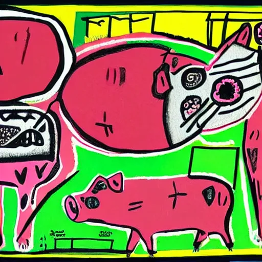 Prompt: “diamonds, pigs, weeds, bagels, pig, strawberries, blueberries, raspberries, diamonds, pigs, pork, formulae, giant pig, weeds and grass, math equations, crystals, plants, scientific glassware, neo-expressionist style, by Jean-Michel Basquiat”