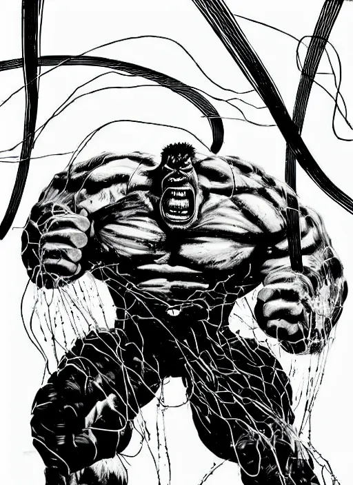 Image similar to black and white hulk with wires screaming in nuclear explosion, by tsutomu nihei, black and white, no color, destroed cybernetic city background