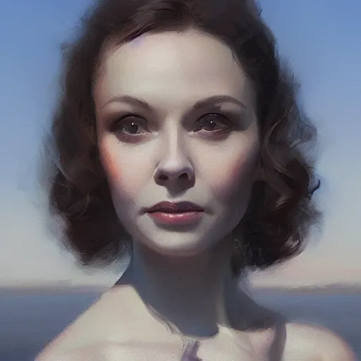 Image similar to a closeup portrait of a young vivian leigh, lake background, gorgeous view, sunset, film noir, serene, depth, by greg rutkowski, digital art, trending on artstation