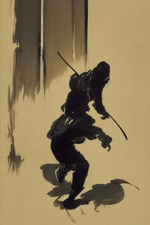 Image similar to portrit of a ninja on a rainy night by joaquin sorolla, syd mead, hokusai