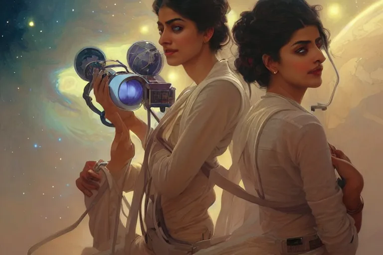 Image similar to Sensual good looking pale young Indian doctors wearing jeans in a space station above Earth, portrait, elegant, intricate, digital painting, artstation, concept art, smooth, sharp focus, illustration, art by artgerm and greg rutkowski and alphonse mucha