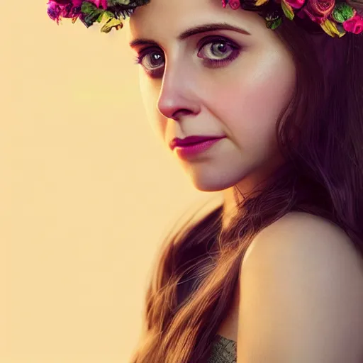 Prompt: intricate highly detailed face portrait of alison brie, flower crown on her head, intricate, cgsociety, unreal engine, octane render, sharp focus, smooth, volumetric lighting, cinematic composition, artstation