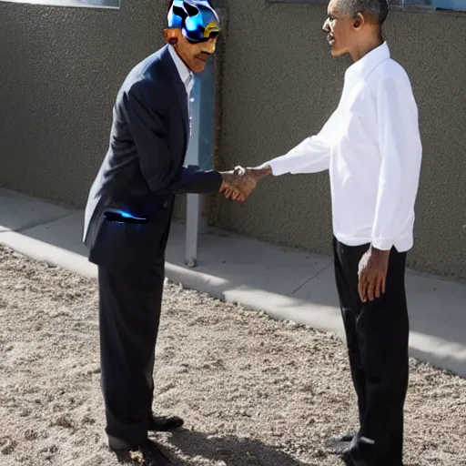 Prompt: press photo of Obama shaking hands with Walter White from Breaking Bad