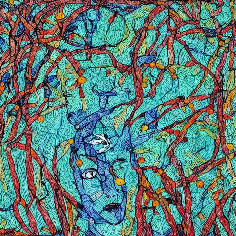 Image similar to human with the sea and the forest inside, veins diverge through the body like rivers filmed on a satellite, a person is decorated with wild berries, a beautiful bird is looking at him next, art brut, colorful picture