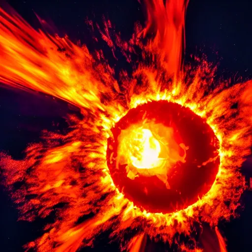 Image similar to red hot burning sphere embedded in fireball explosion with fire, 4 k