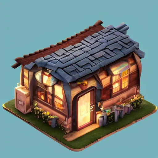 Prompt: small cute mobile game house, 1 0 0 mm, 3 d render, isometric, diorama, blue background,